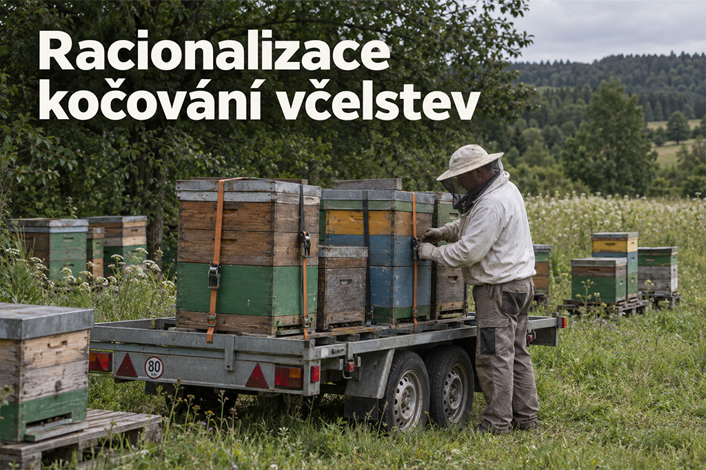 Včelař tlačí úl na manipulačním vozíku k přívěsu mezi úly