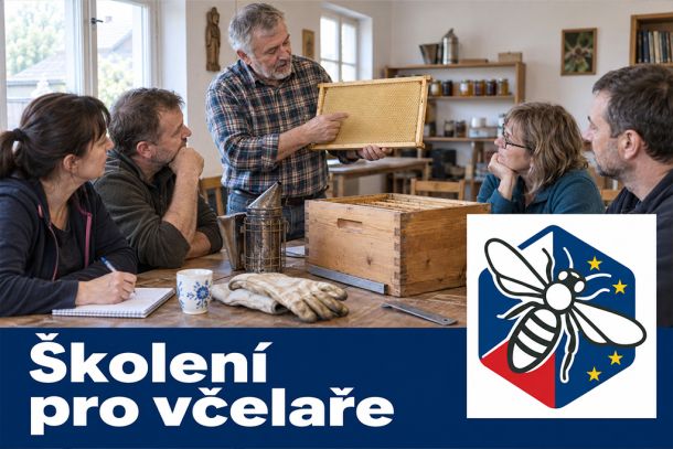Skupina účastníků školení sleduje instruktora při ukázce práce s včelím rámkem